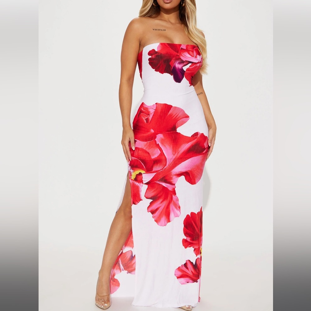 Pink Floral White Tube Maxi Dress